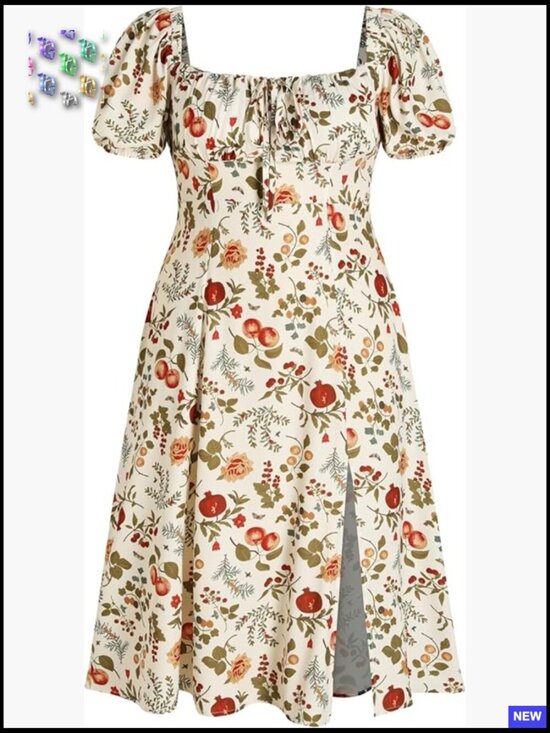 Dresses & Skirts - Floral Fruit Square Neck Puff Sleeve Midi Dress Plus Size Summer Vacation Outfit